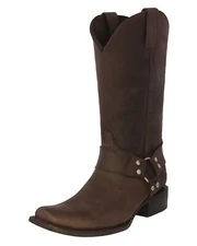 Mens Brown Western Boots Cowboy Dress Leather Motorcycle Harness Square Toe