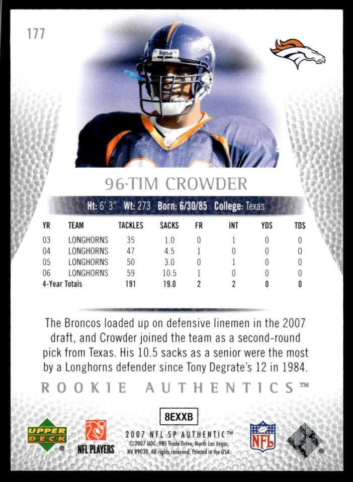 2007 SP Authentic Tim Crowder Rookie 184/999 Denver Broncos #177 R58 - Image 2 of 2