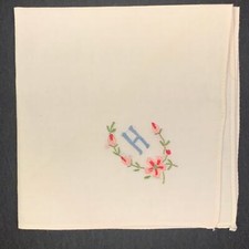 Vintage Cotton Hankie Pocket Scarf Letter H Blue Pink Flowers Embroider 10"