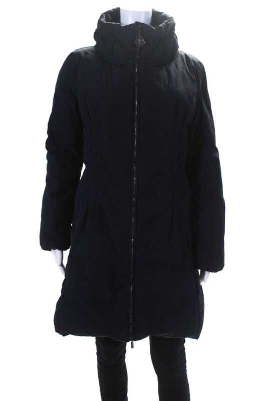 Moncler Women's High Neck Double Zip Mid Length Down Coat Navy Size 3