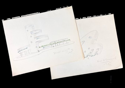 Gilbert Adrian 2 Pencil Sketches architectural concepts