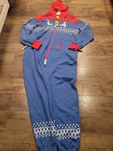 NWT Tipsy Elves Christmas Pajama XXL Unisex Jumpsuit Style Blue Red Reindeers