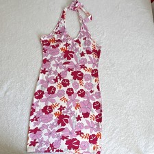 Floral Halter Tie Sundress Pink Red Orange White Short Sleeveless Size S