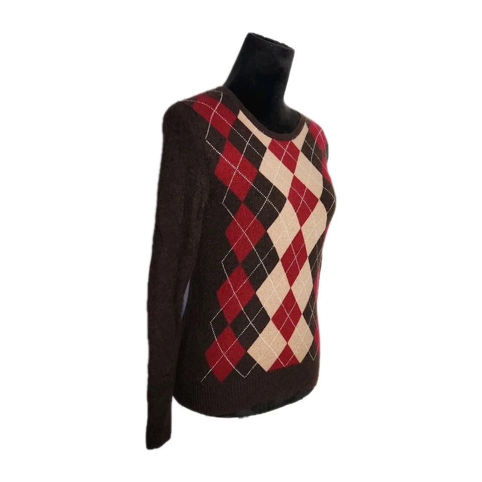Suéter Tweeds Para Mujer Cuello Redondo Talla Pequeña Marrón Estampado Argyle 2 Capas Cachemira  Foto 2 de 4