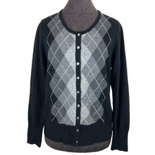Apt.9 100 Cashmere Cardigan Sweater Black Gray Argyle Diamond Academia Preppy L