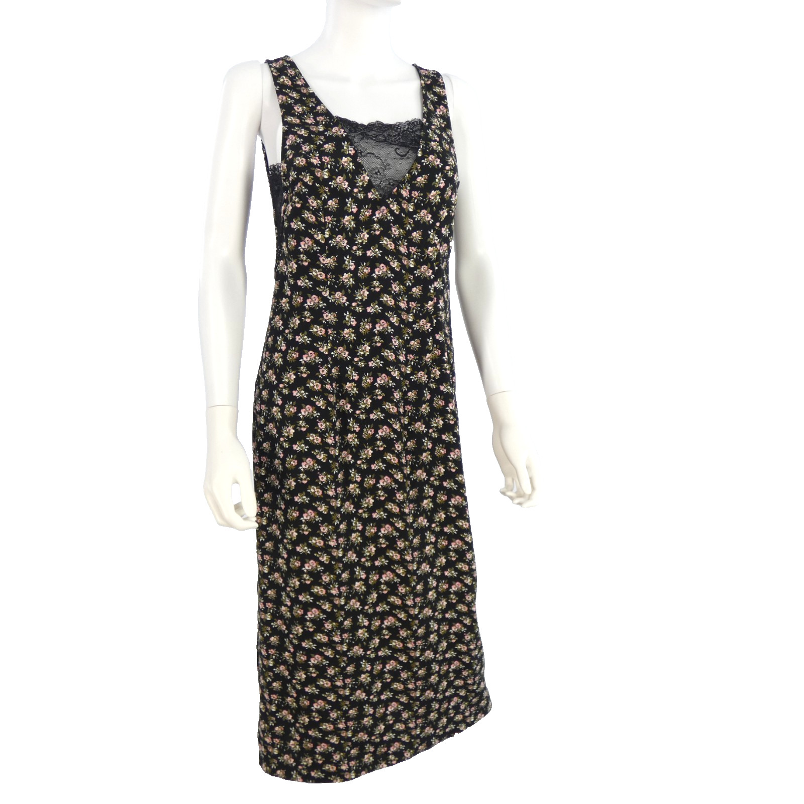 H&M Black Floral Midi Dress UK 10 90s Slip Style Lace V Neck Minimal