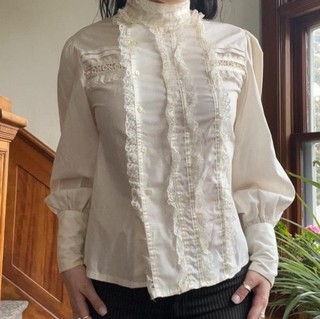 Gunne Sax Gunnies Cream Satin Blouse Button Down Sizes S/M