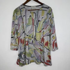 Jess & Jane Shirt Womens Medium Gray Catalina Tunic 3/4 Sleeve Abstract Made USA