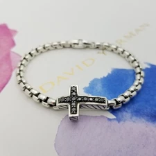 David Yurman Sterling Silver Black Diamonds Cross 8" Inch Box Chain Bracelet