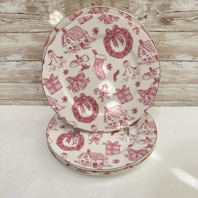 Set of 4 Grace Teaware 8'' Pink / Red Christmas Decorated Dessert Plates