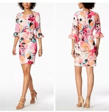 Nine West Pink Orange Floral Dress Bell Sleeve Sheath Style Size 10 Women’s