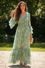 NWT MAC DUGGAL Size 6 Sleeve Ruffle Tea Length Green 68257 Dress Chiffon