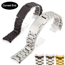 Curved End Stainless Steel Watch Band Strap Replacement 12-24mm Solid Links
