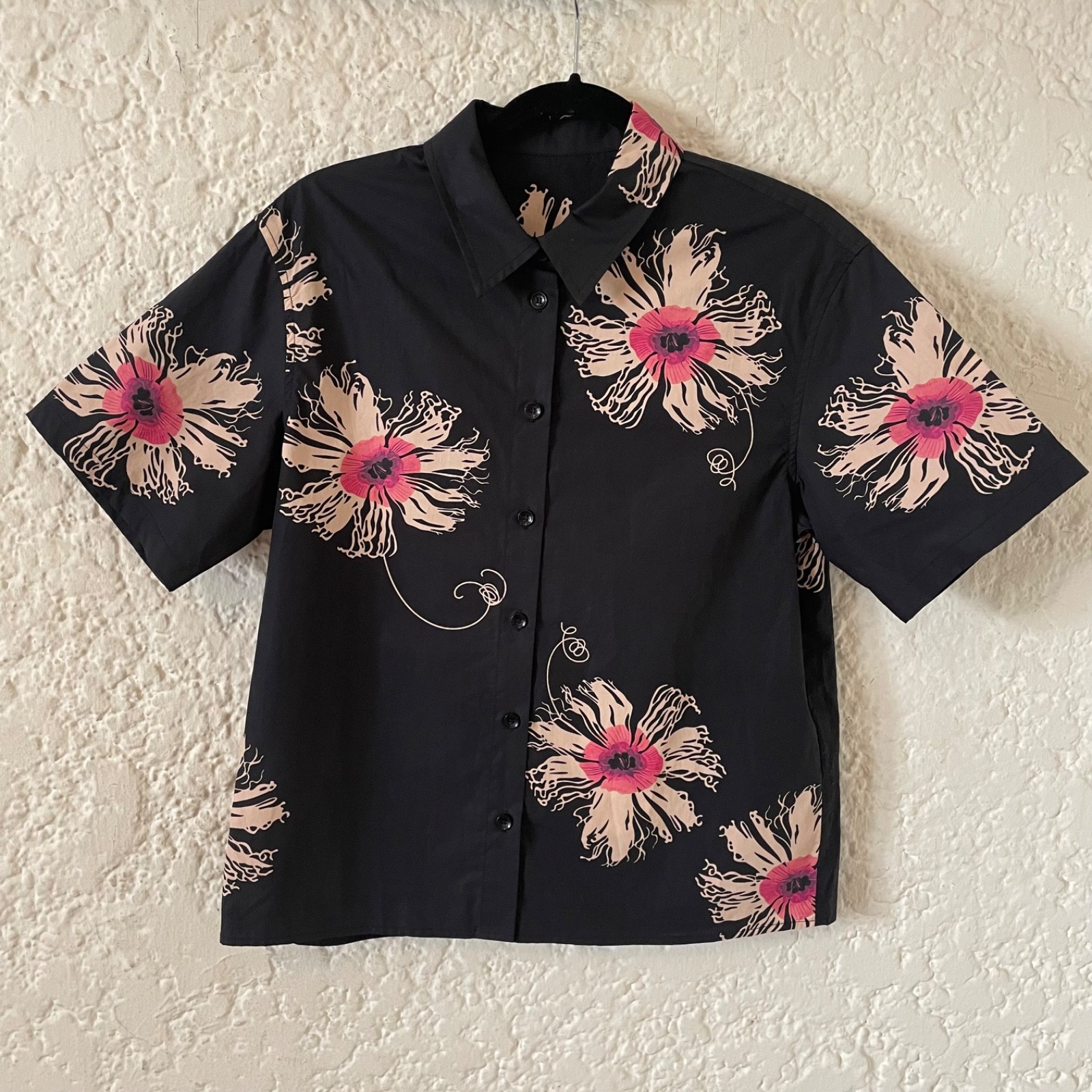Prada Short Sleeve Floral Print Poplin Button Up Shirt, Women's Medium, Triangle