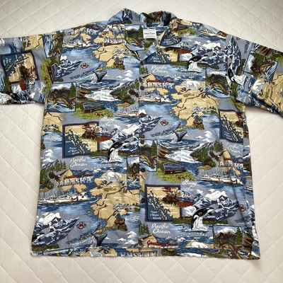 David Carey Shirt Mens 3XL Blue Alaska Pacific Map Travel Button Front Casual