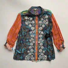 John Mark Nwt Novelty Mix Print Long Roll-Tab Sleeve Button Front Tunic Top 2X