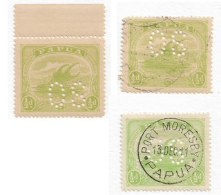 Papua 1911 ½d lakatoi yellow green perfin OS mint & used green used