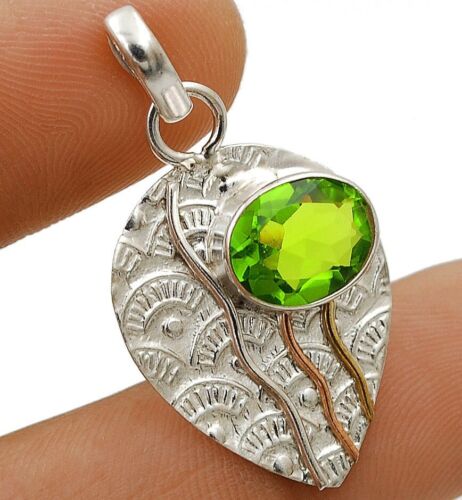 Three Tone 3CT Natural Peridot 925 Solid Sterling Silver Pendant Jewelry @18-6