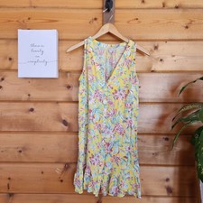 LOFT Fit & Flare Dress Yellow Floral Sleeveless VNeck Button Pleated Ruffle Sz S