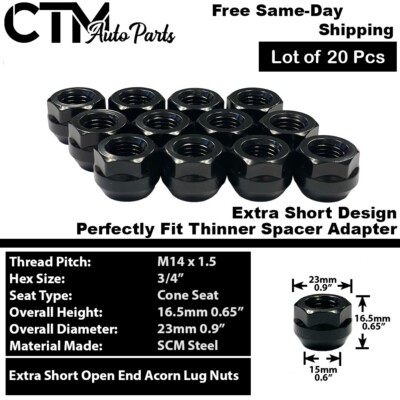 20x Black M14x1.5 Extra Short Open End Acorn Wheel Lug Nut Fit GMC Pontiac Tesla