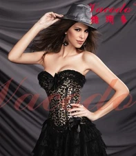 Women Overbust Leopard Print lace up Satin Padded Corset Top Bustier Body Shaper