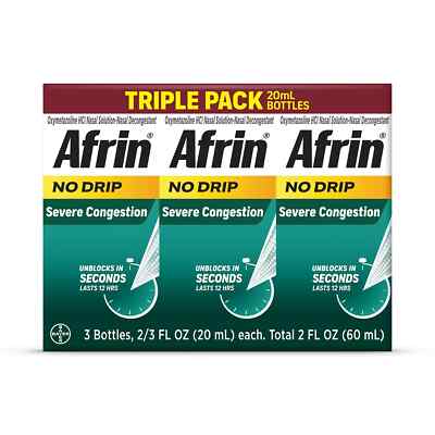 3 PACK - AFRIN NO DRIP SEVERE CONGESTION Nasal Pump Mist 20 ml (Total 60 ml)