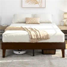 Wooden Platform Bed Frame w/Plywood Slats, Easy Assembly, Dark Walnut Finish