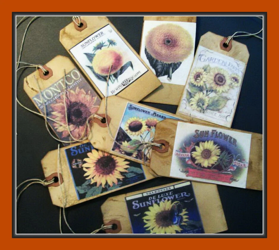 VINTAGE SUNFLOWER LABELS AND SEED PACKET DESIGN PRIMITIVE TAGS - EIGHT - SET #1 - Image 2 of 4