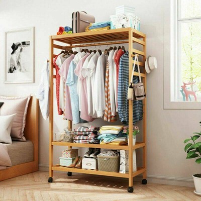 Holz Kleiderständer mit Rollen Wäscheständer Garderobenständer Bambus