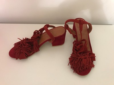 red fringe block heels