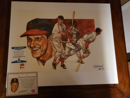 🤩HOF🤩STAN MUSIAL🤩SIGNED W/"HOF 69" 16X20"MINI💥POSTER💥BECKETT💥MUSIAL🌟COA🌟