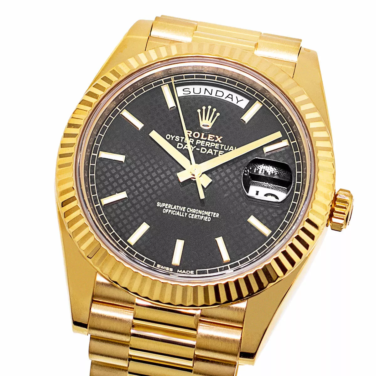 Rolex Day Date 40mm Yellow Gold Black Motif Index Dial Fluted