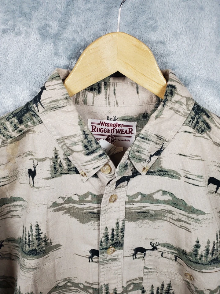 Wrangler Western Shirt Mens Large Beige Button Down Deer Print Rugged Wear - Image 4 of 4
