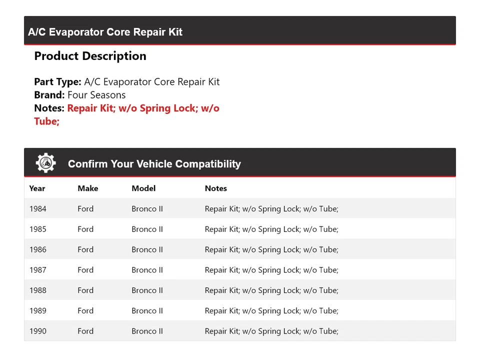 Kit de reparación de núcleo evaporador aire acondicionado Ford Bronco II 1984-1990 4 estaciones 1985 1986 Foto 2 de 4