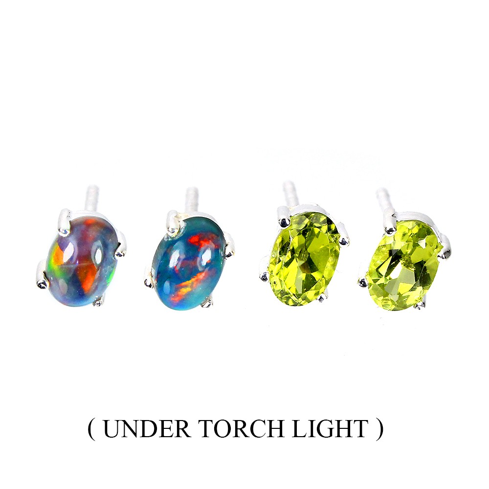 2 Pairs Oval Black Opal Peridot 6x4mm Sterling Silver Earrings