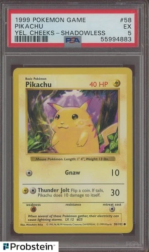 1999 Pokemon Game Shadowless #58 Pikachu Yellow Cheeks PSA 5 EX