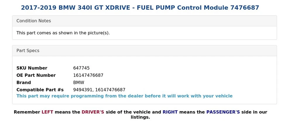 2017-2019 BMW 340I GT XDRIVE - FUEL PUMP Control Module 7476687 - Image 4 of 4