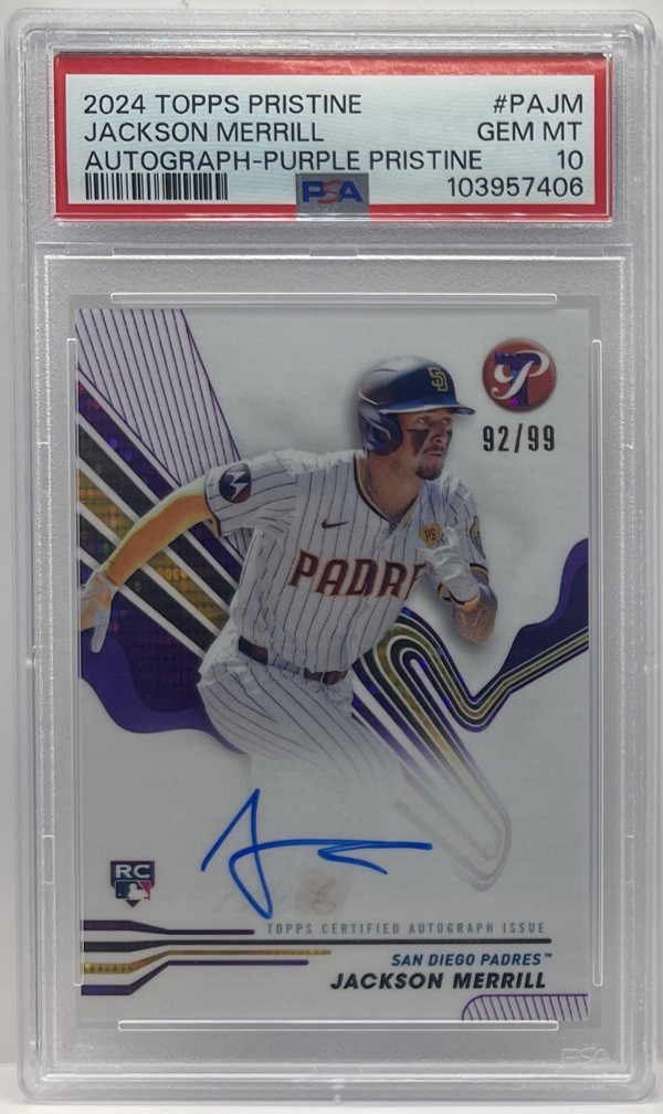 2024 Topps Pristine Jackson Merrill Purple Pristine Auto #92/99 RC Rookie PSA 10