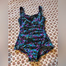 Vintage 80s 90s Maxine of Hollywood Violet Flowers One Piece size Large / 12
