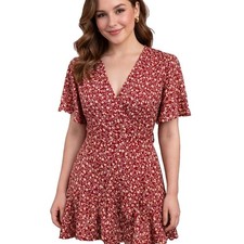 BLOSSOM Size 10 (US S) Red Ditsy Floral Surplice Ruffled Cottagecore Mini Dress