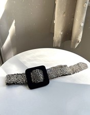 Rare Handmade Vintage 60s Clear Rhinestone Black Buckle Statement Friction Belt