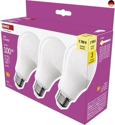 EMOS LED Lampe A60-Birne 3er Pack, 13W Ersatz für 100W Glühbirne, klassische B