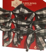Mini Christmas ORNAMENTS 6 Miniature Bows White  Black Buffalo Check Plaid New