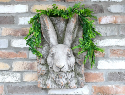 Großer alter Shabby Chic Design Hasenkopf Wand Pflanzgefäß Ornament Gartendeko