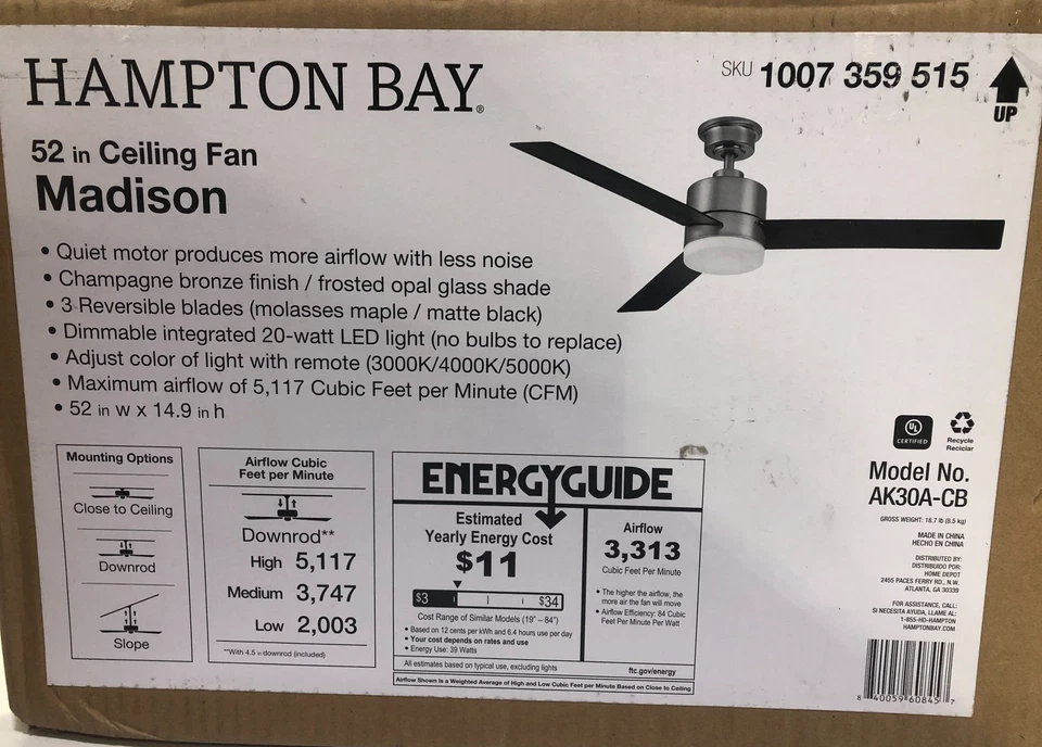Hampton Bay Madison 52 in. Integrated LED Champagne Bronze Ceiling Fan - Image 2 of 3