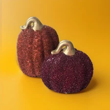 Tii Collections Halloween Fall Pumpkin Home Decor Glass Beaded Lot of 2 Gold Top