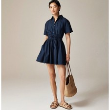 J.Crew Elena Mini Shirt Dress WMNS 10 Tall Navy Blue Cotton Poplin Smocked Waist