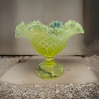 Read Chipped Vintage Fenton VASELINE OPALESCENT HOBNAIL pedestal