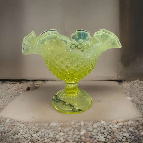 Read Chipped Vintage Fenton VASELINE OPALESCENT HOBNAIL pedestal