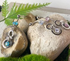 Double Circle CZ Gem Dangle Belly Ring Navel Naval Clear, Pink, Aqua